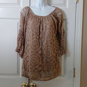 Lildy tan full lace off the shoulder tunic  casual dress up bell sleeve Sz S-M